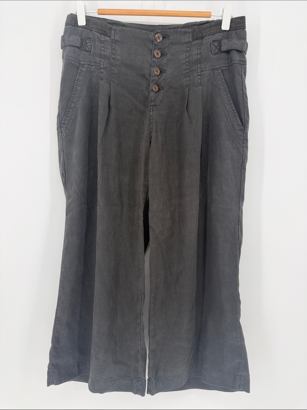 Sundance Villa Linen Tencel Wide Leg Cropped Pants Charcoal Gray Size 10
